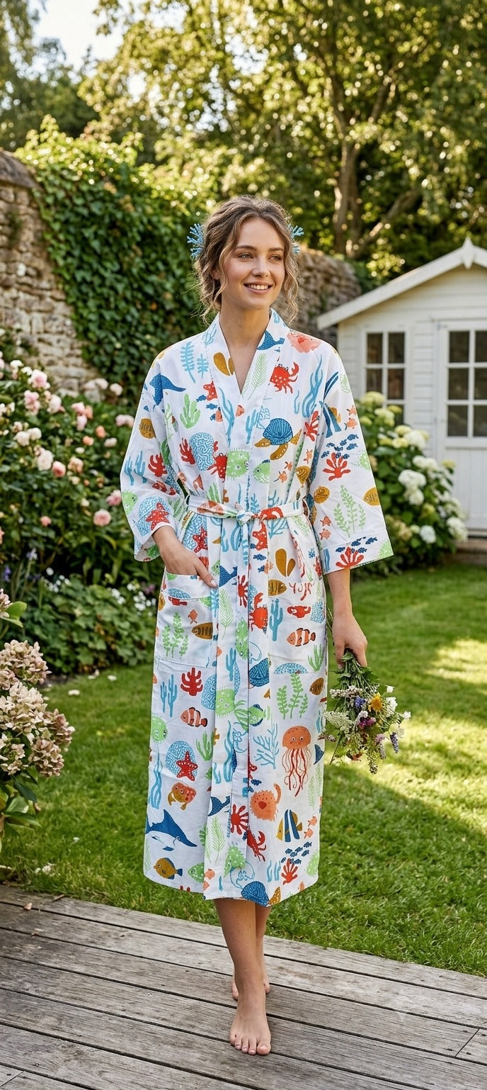 Cotton Kimono Handblock Printed Unisex Bathrobe - Free Size
