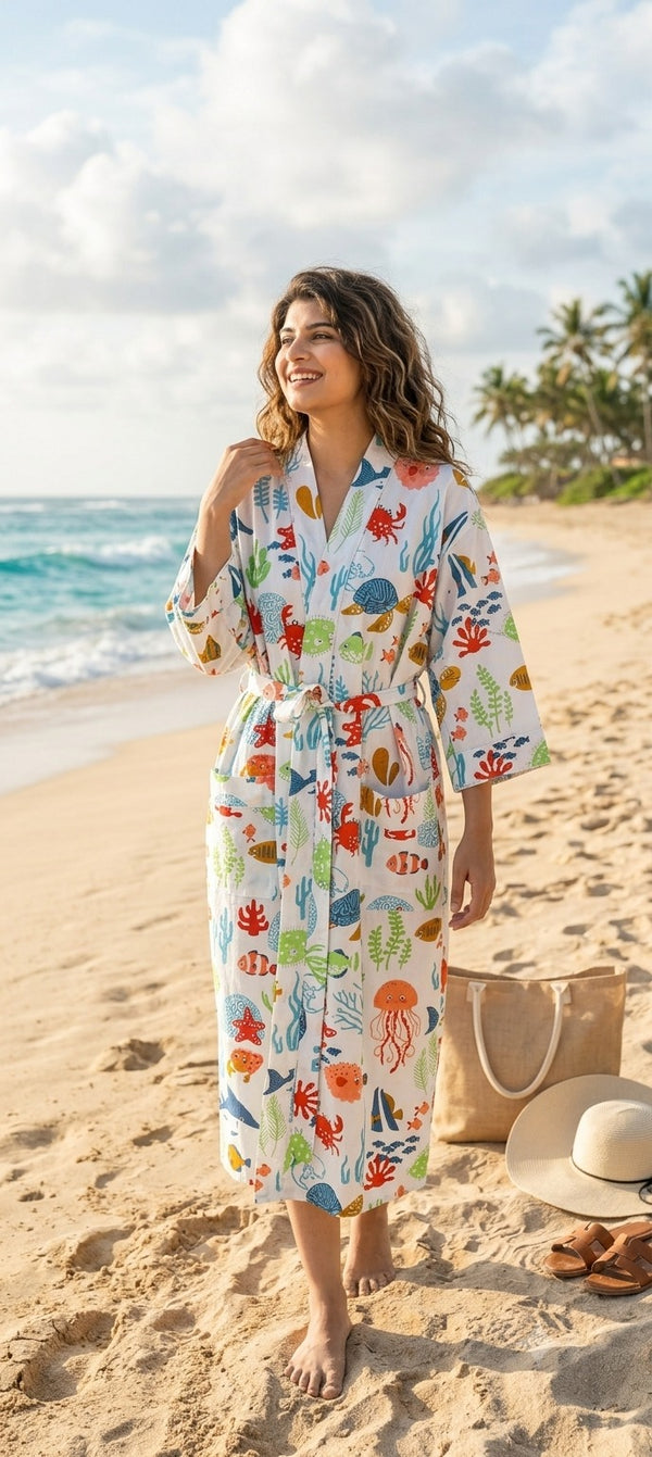 Cotton Kimono Handblock Printed Unisex Bathrobe - Free Size