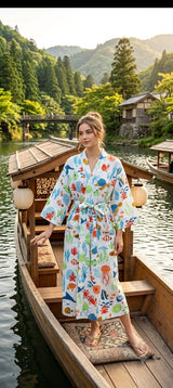 Cotton Kimono Handblock Printed Unisex Bathrobe - Free Size