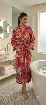 Cotton Kimono Handblock Printed Unisex Bathrobe - Free Size