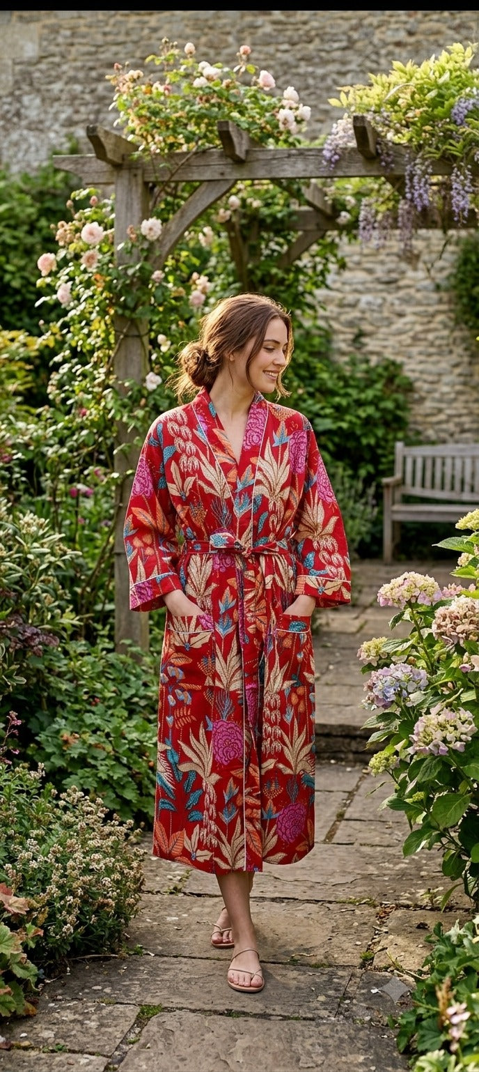 Cotton Kimono Handblock Printed Unisex Bathrobe - Free Size