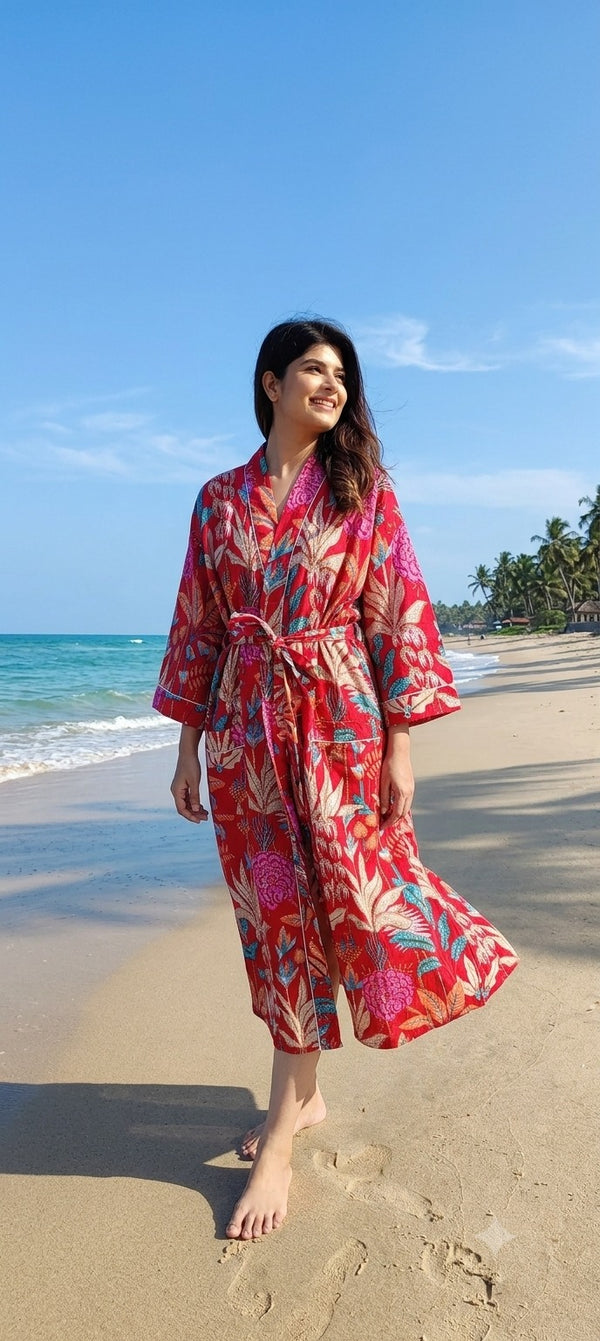 Cotton Kimono Handblock Printed Unisex Bathrobe - Free Size