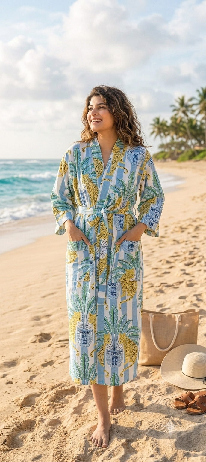 Cotton Kimono Handblock Printed Unisex Bathrobe - Free Size