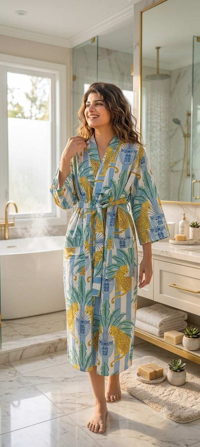 Cotton Kimono Handblock Printed Unisex Bathrobe - Free Size