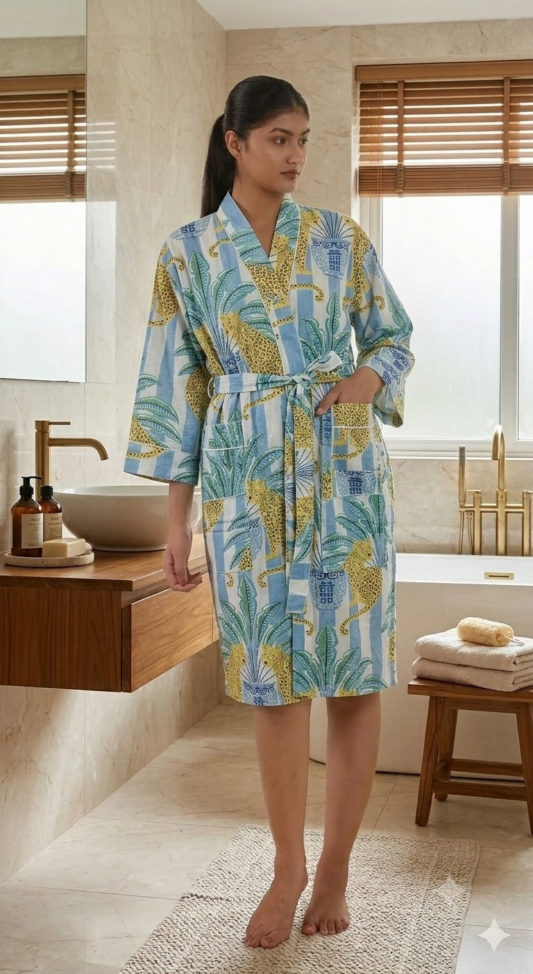 Cotton Kimono Handblock Printed Unisex Bathrobe - Free Size