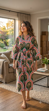Cotton Kimono Handblock Printed Unisex Bathrobe - Free Size