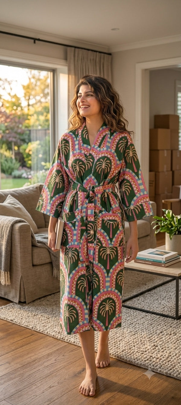 Cotton Kimono Handblock Printed Unisex Bathrobe - Free Size