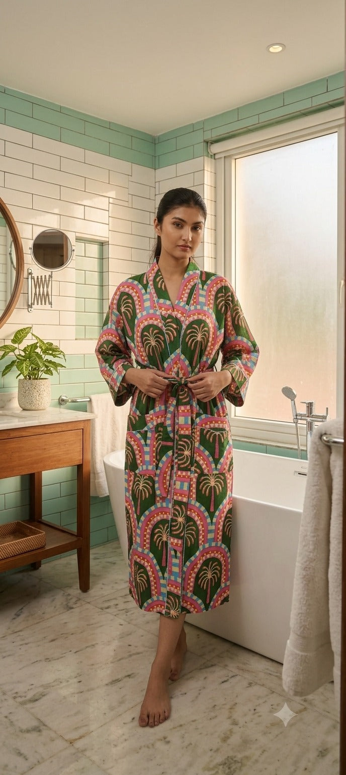 Cotton Kimono Handblock Printed Unisex Bathrobe - Free Size