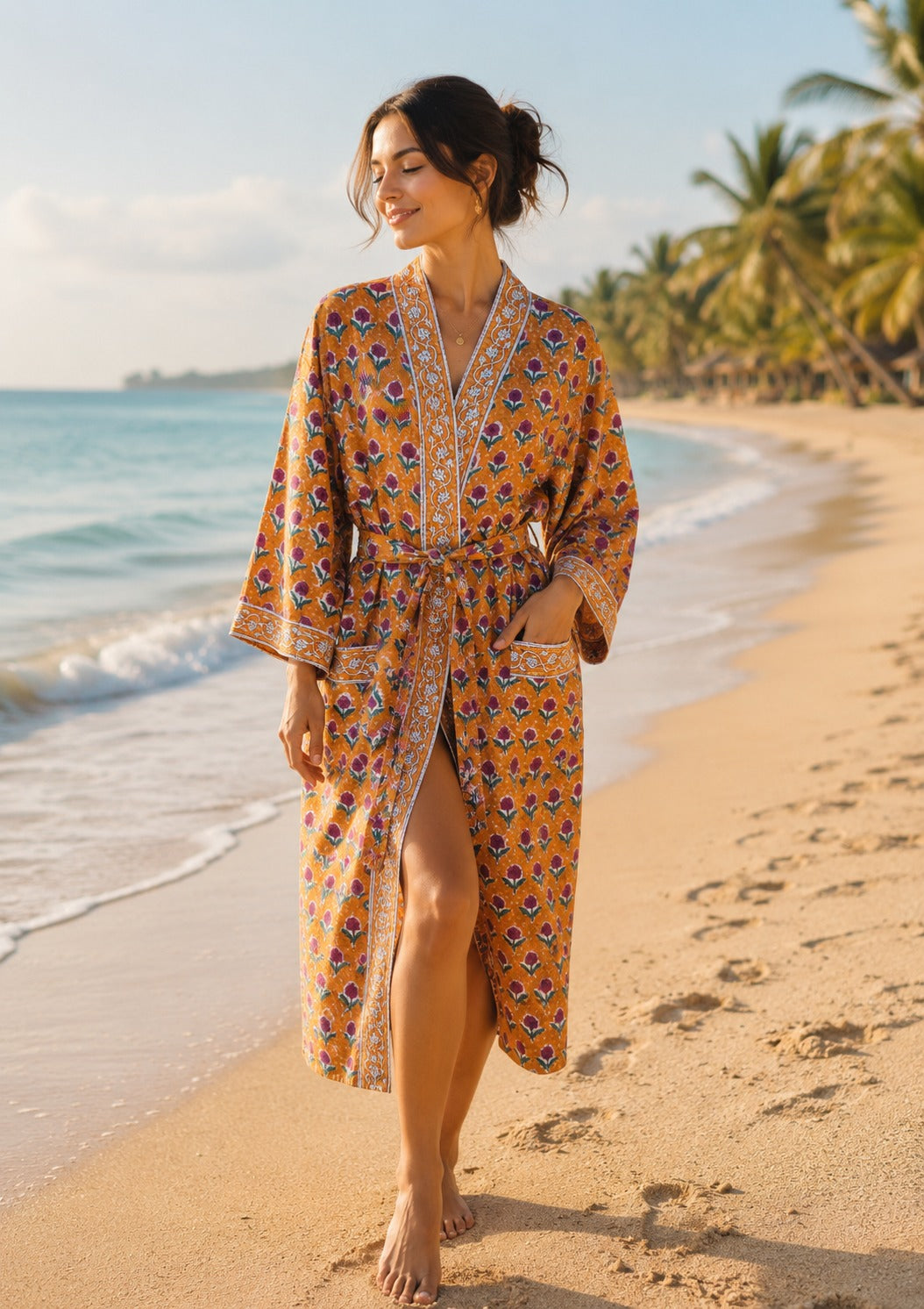 Waffle Cotton Handblock Printed Unisex Bathrobe - Free Size