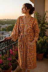 Waffle Cotton Handblock Printed Unisex Bathrobe - Free Size