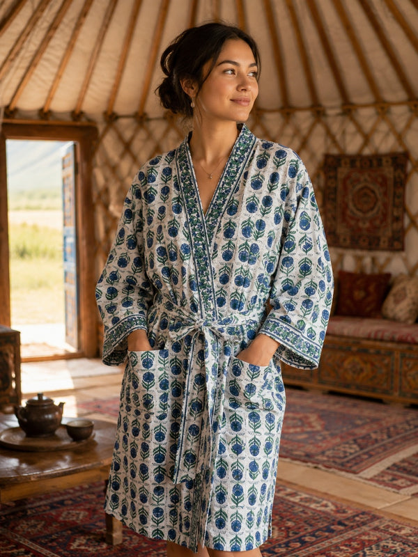 Waffle Cotton Handblock Printed Unisex Bathrobe - Free Size