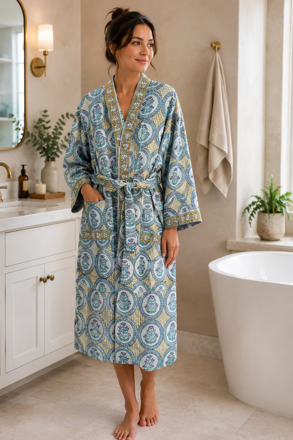 Waffle Cotton Handblock Printed Unisex Bathrobe - Free Size