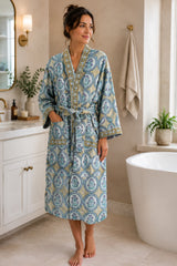 Waffle Cotton Handblock Printed Unisex Bathrobe - Free Size
