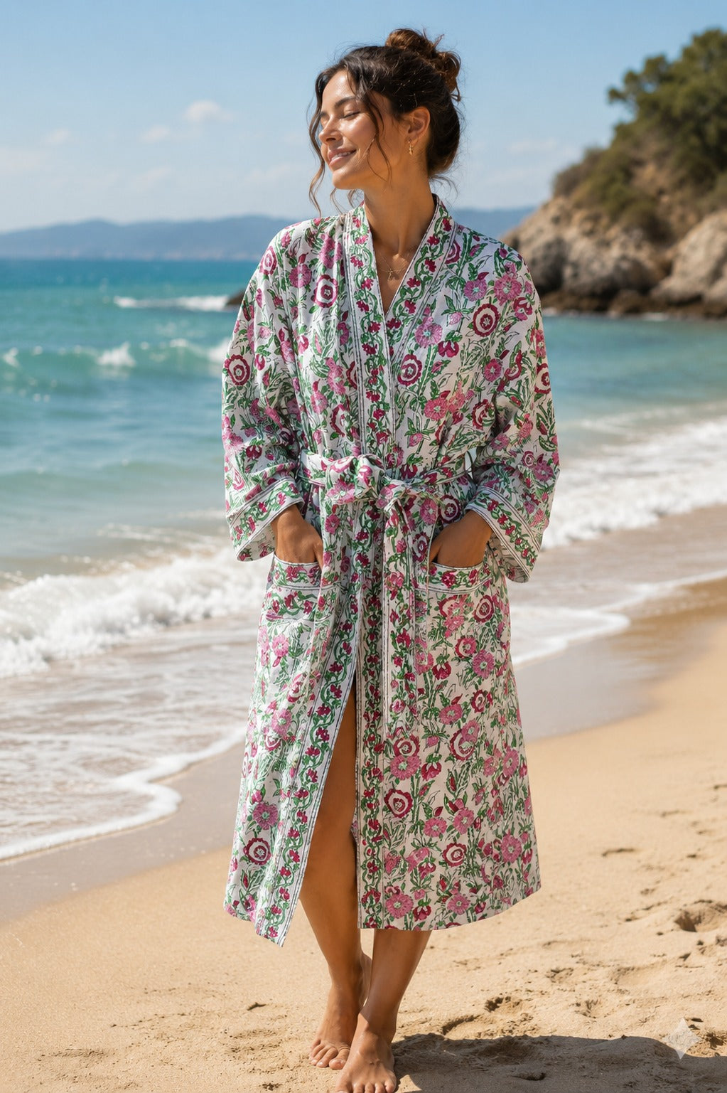 Waffle Cotton Handblock Printed Unisex Bathrobe - Free Size
