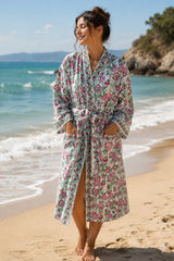 Waffle Cotton Handblock Printed Unisex Bathrobe - Free Size