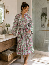 Waffle Cotton Handblock Printed Unisex Bathrobe - Free Size