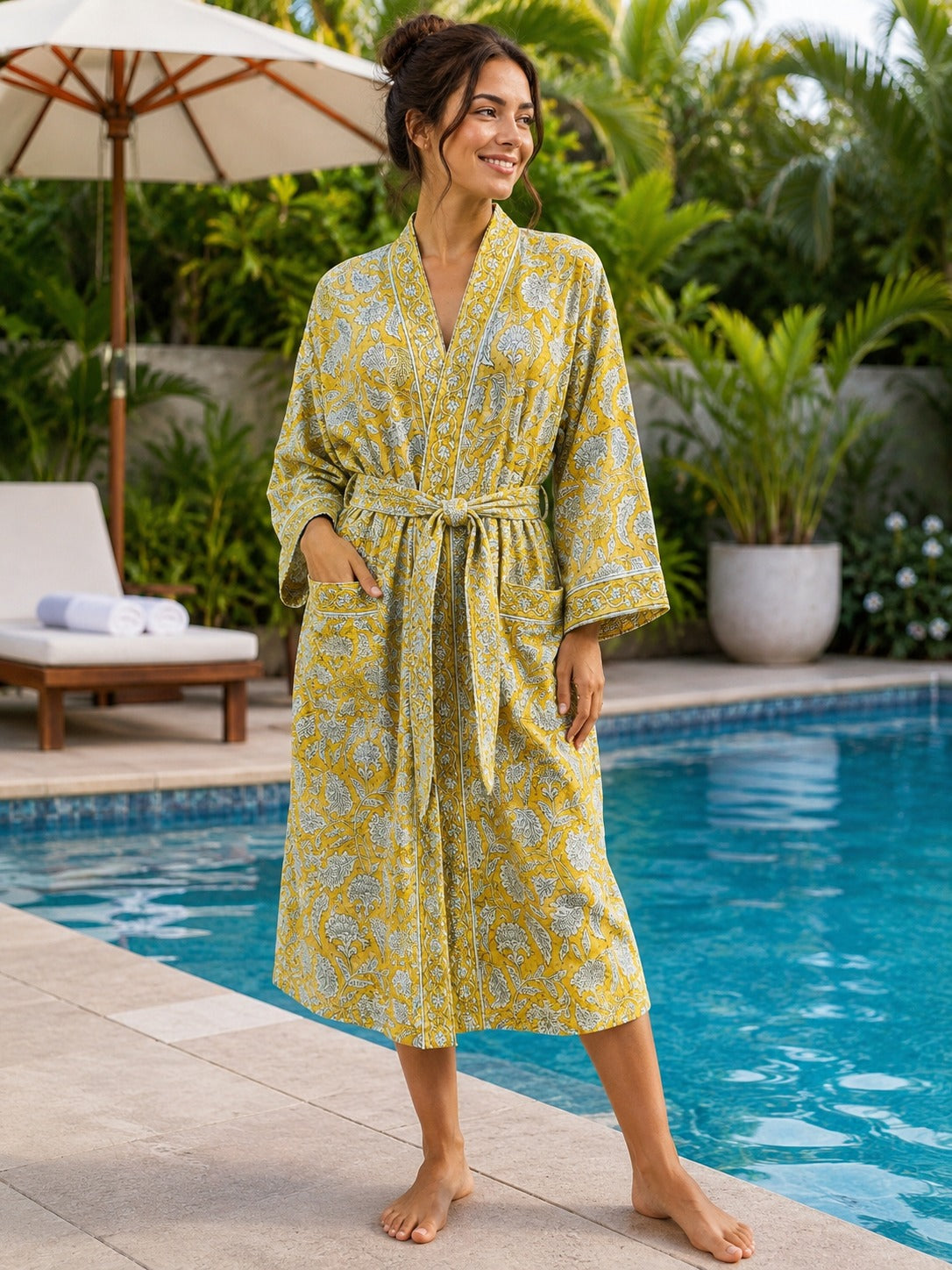 Waffle Cotton Handblock Printed Unisex Bathrobe - Free Size