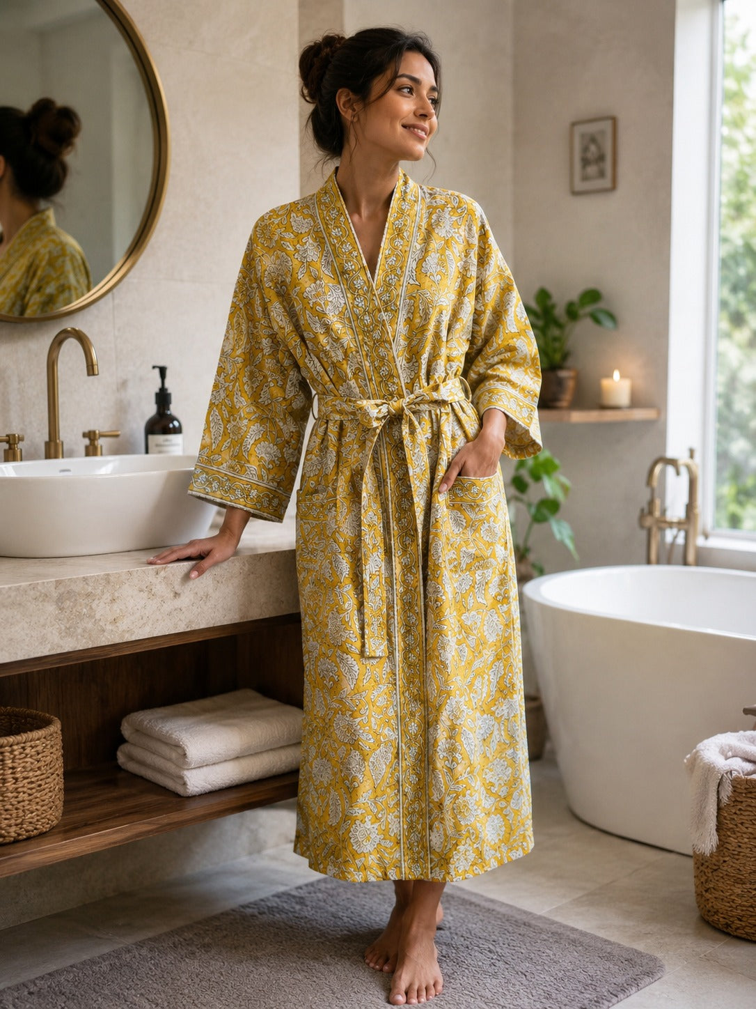 Waffle Cotton Handblock Printed Unisex Bathrobe - Free Size