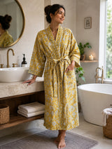 Waffle Cotton Handblock Printed Unisex Bathrobe - Free Size