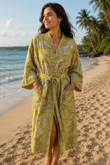 Waffle Cotton Handblock Printed Unisex Bathrobe - Free Size
