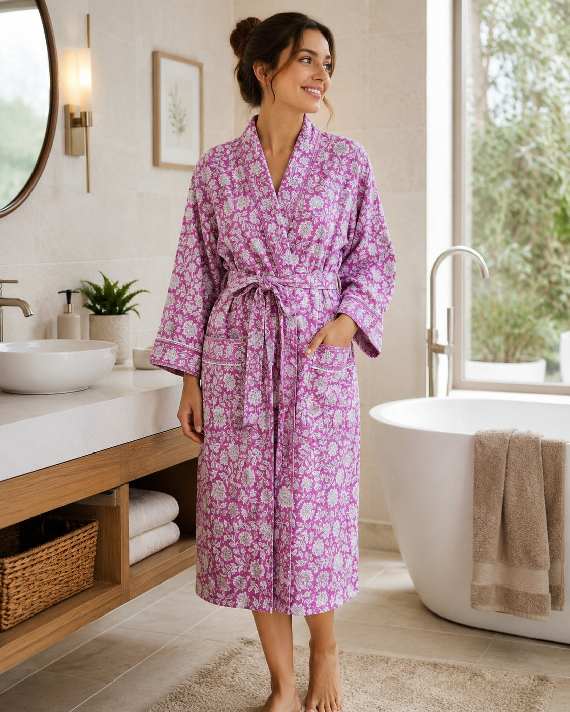 Waffle Cotton Handblock Printed Unisex Bathrobe - Free Size