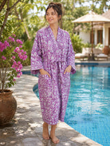 Waffle Cotton Handblock Printed Unisex Bathrobe - Free Size