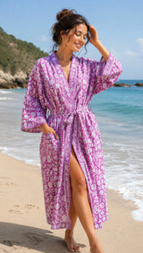 Waffle Cotton Handblock Printed Unisex Bathrobe - Free Size