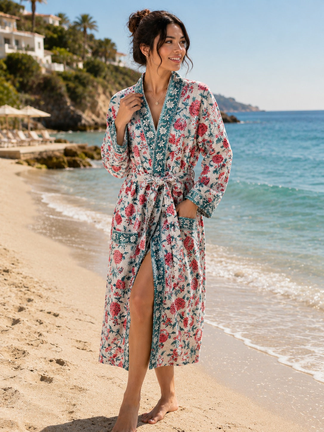 Waffle Cotton Handblock Printed Unisex Bathrobe - Free Size