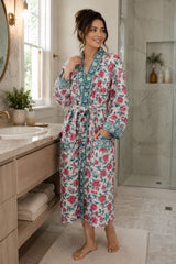 Waffle Cotton Handblock Printed Unisex Bathrobe - Free Size