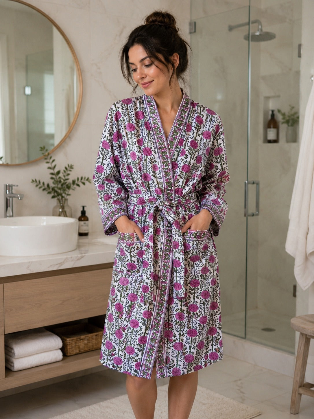 Waffle Cotton Handblock Printed Unisex Bathrobe - Free Size