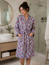 Waffle Cotton Handblock Printed Unisex Bathrobe - Free Size