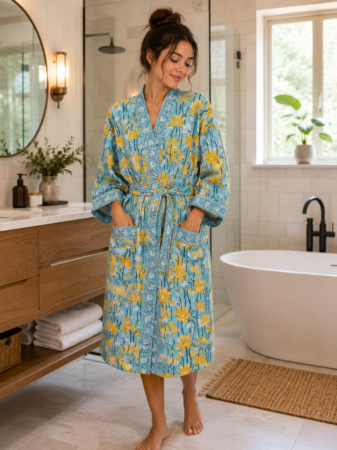 Waffle Cotton Handblock Printed Unisex Bathrobe - Free Size