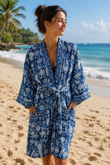 Waffle Cotton Handblock Printed Unisex Bathrobe - Free Size