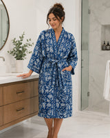 Waffle Cotton Handblock Printed Unisex Bathrobe - Free Size