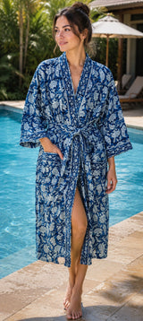 Waffle Cotton Handblock Printed Unisex Bathrobe - Free Size