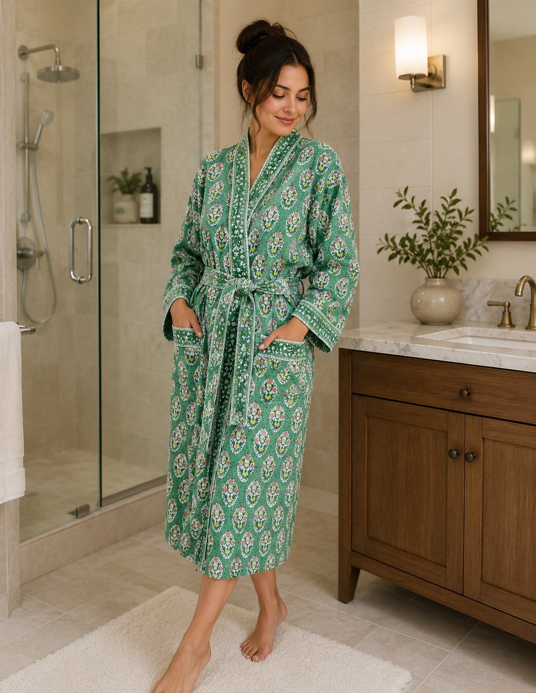 Waffle Cotton Handblock Printed Unisex Bathrobe - Free Size