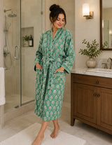 Waffle Cotton Handblock Printed Unisex Bathrobe - Free Size