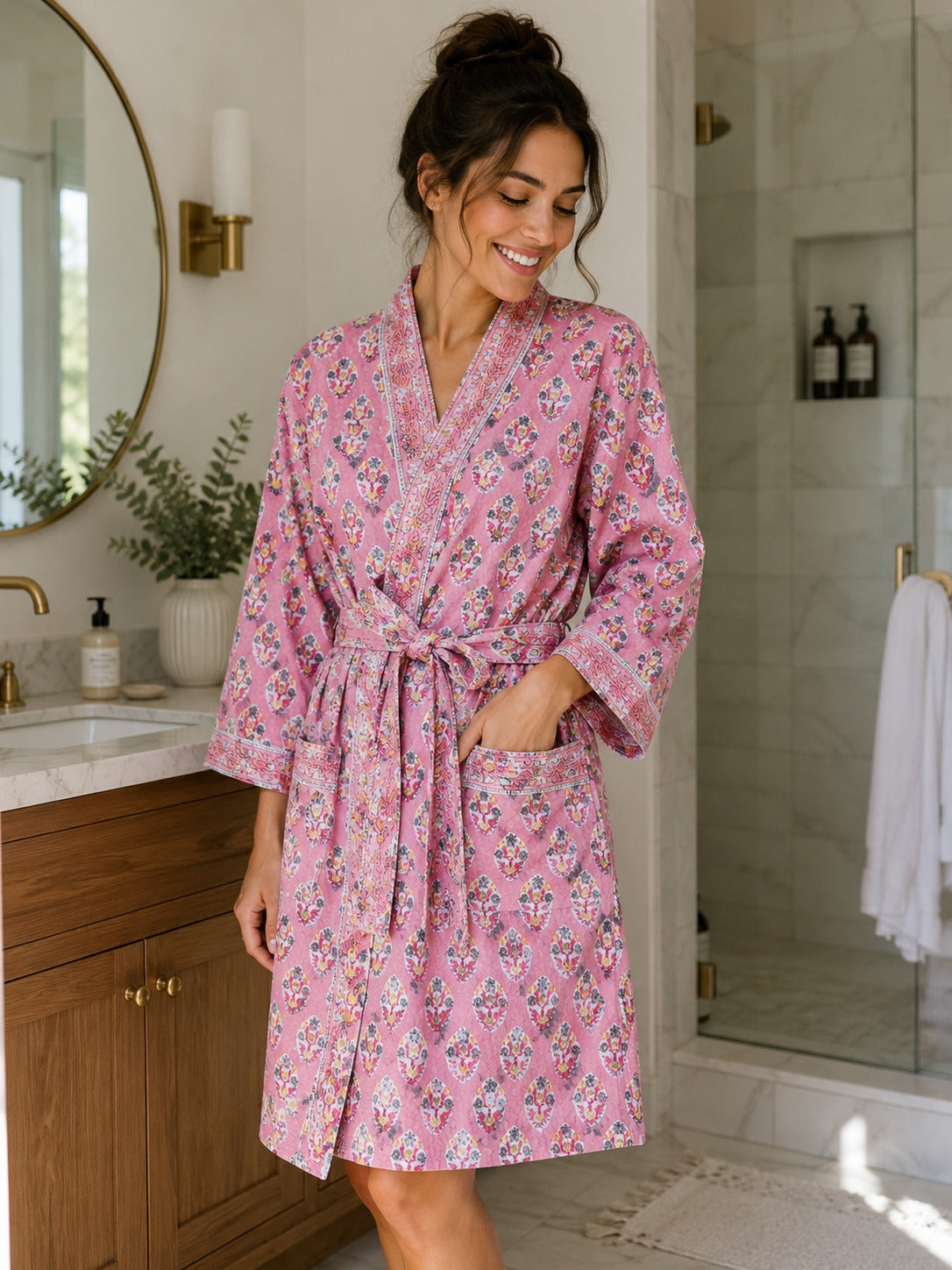 Waffle Cotton Handblock Printed Unisex Bathrobe - Free Size