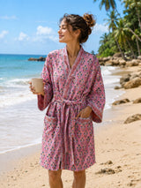 Waffle Cotton Handblock Printed Unisex Bathrobe - Free Size