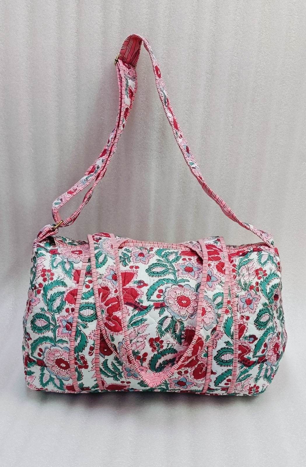 Block Printed Quilted Duffle Bag with Concealed Zip