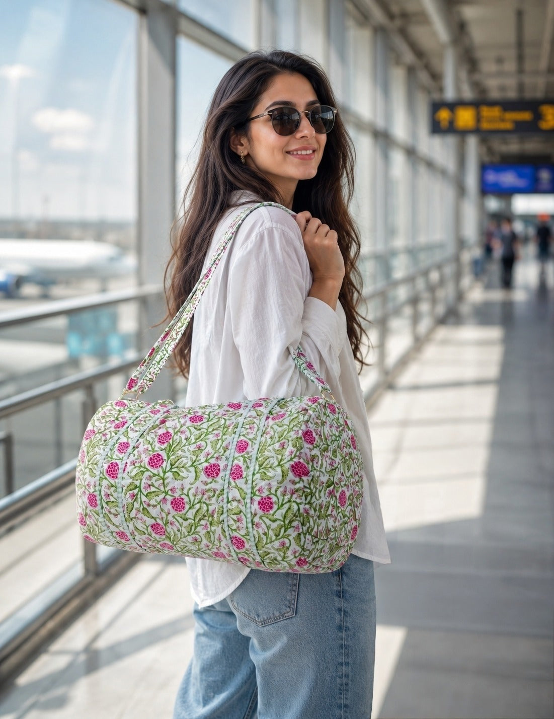 Block Printed Quilted Duffle Bag with Concealed Zip