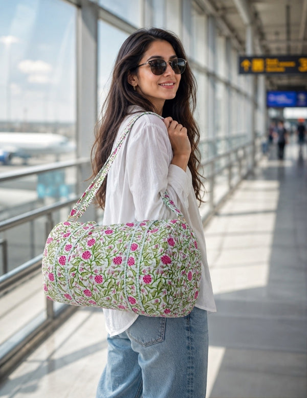 Block Printed Quilted Duffle Bag with Concealed Zip