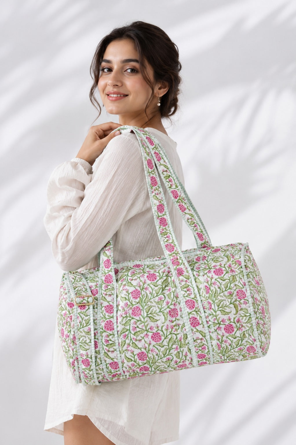 Block Printed Quilted Duffle Bag with Concealed Zip