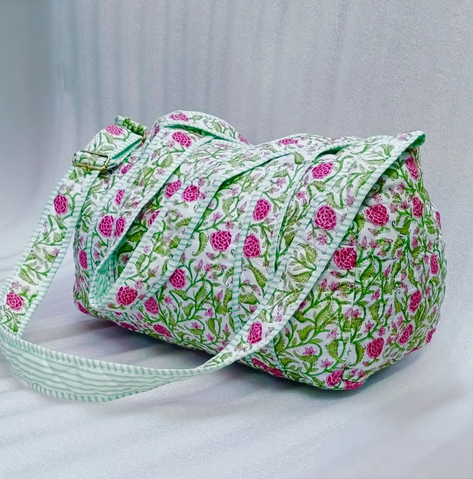 Block Printed Quilted Duffle Bag with Concealed Zip