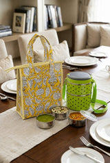 Handblock Printed Insulated Lunch Bag in Canvas Cotton with Zipper Closure (10*14*5  inches)