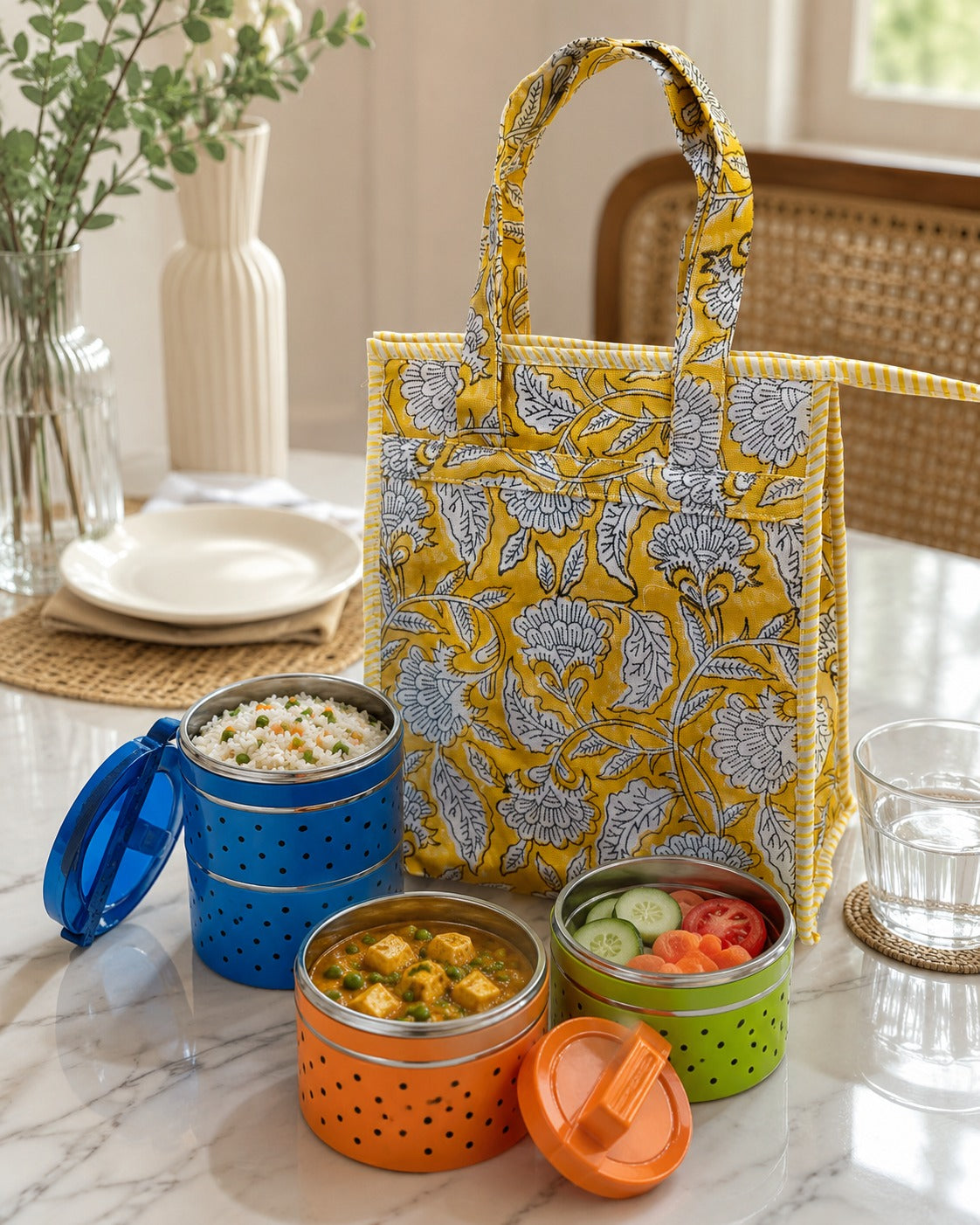Handblock Printed Insulated Lunch Bag in Canvas Cotton with Zipper Closure (10*14*5  inches)