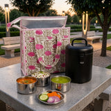 Handblock Printed Insulated Lunch Bag in Canvas Cotton with Zipper Closure (10*14*5  inches)