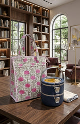 Handblock Printed Insulated Lunch Bag in Canvas Cotton with Zipper Closure (10*14*5  inches)