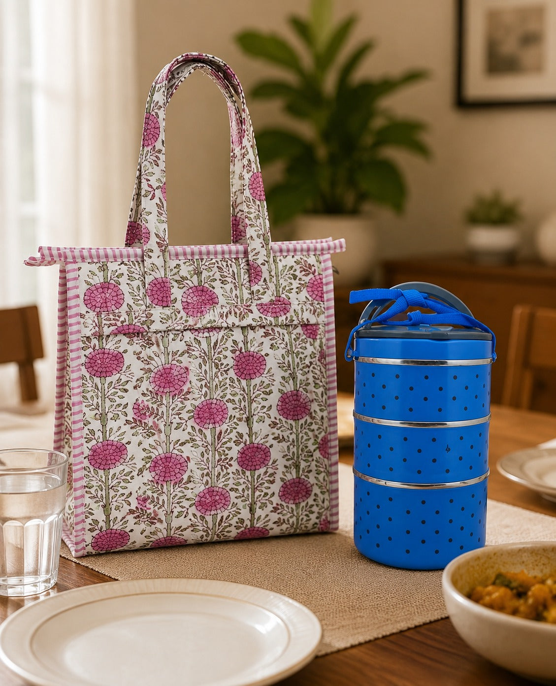 Handblock Printed Insulated Lunch Bag in Canvas Cotton with Zipper Closure (10*14*5  inches)