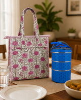 Handblock Printed Insulated Lunch Bag in Canvas Cotton with Zipper Closure (10*14*5  inches)